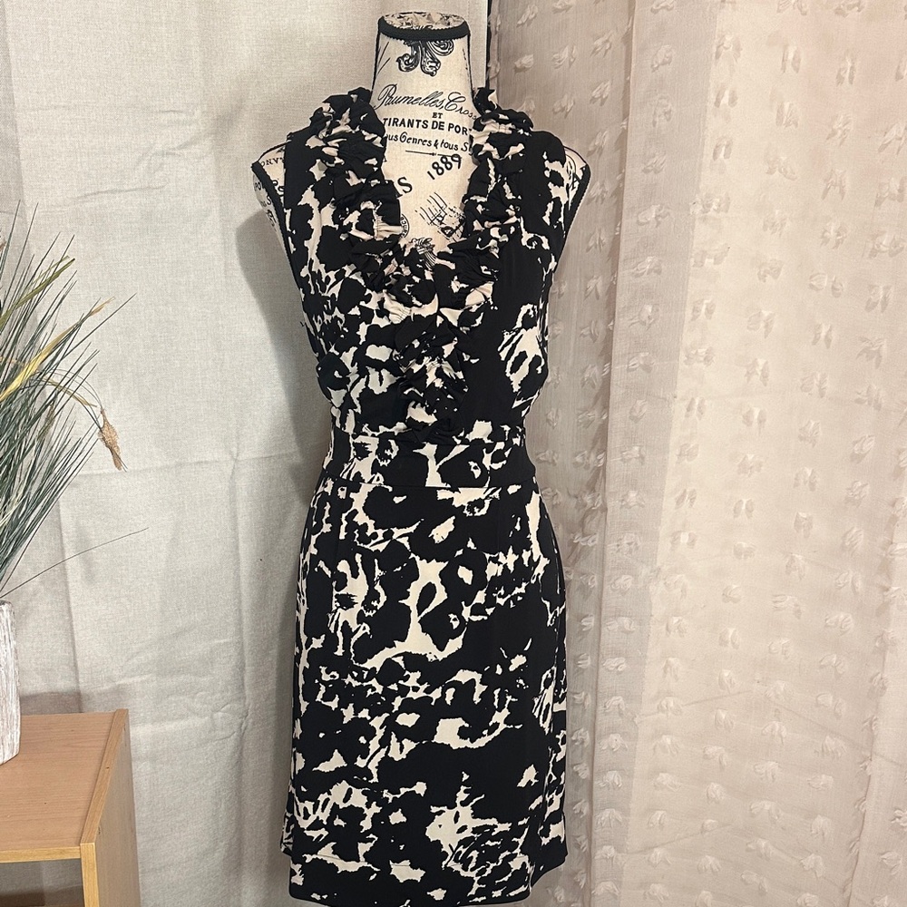 Just...Taylor Black and Cream Ruffle Neck Midi Dress